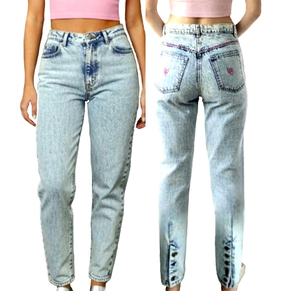Vtg 80s Hunt Club acid wash sequin hearts button up ankle high waist mom jeans 6